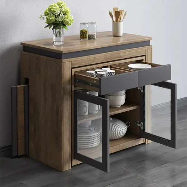 Modern Extendable Dining Table with 4 Chairs Rectangle Storage Sideboard Walnut&Gray - Image 6