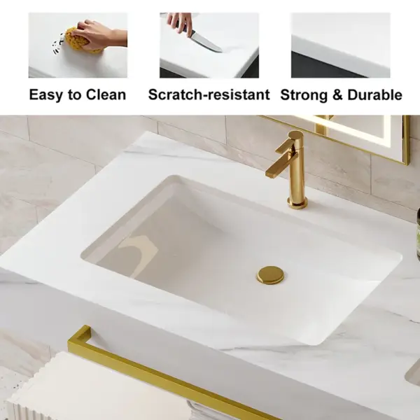 1400mm White Wall Mounted Double Basin Bathroom Vanity with 3 Drawers Faux Marble Top - Image 10