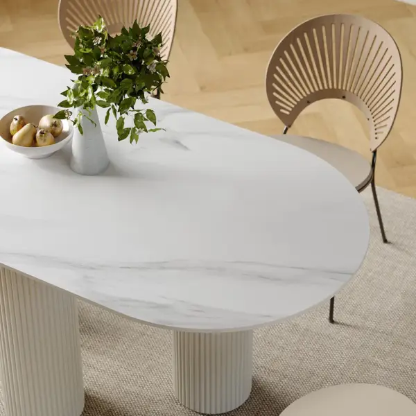 1400mm Modern Oval Stone Top Dining Table 3 Legs in White - Image 7