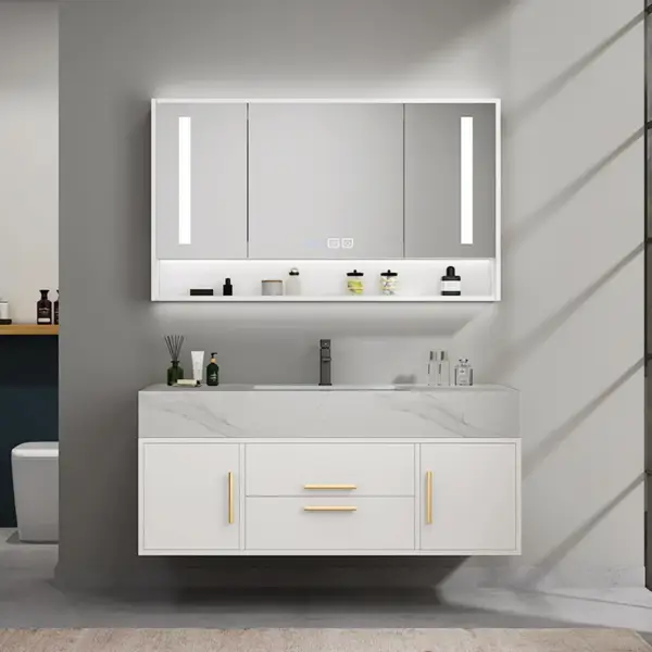 Modern 1000mm White Floating Bathroom Vanity Set Stone Top Wall Mounted Bathroom Cabinet - Image 2