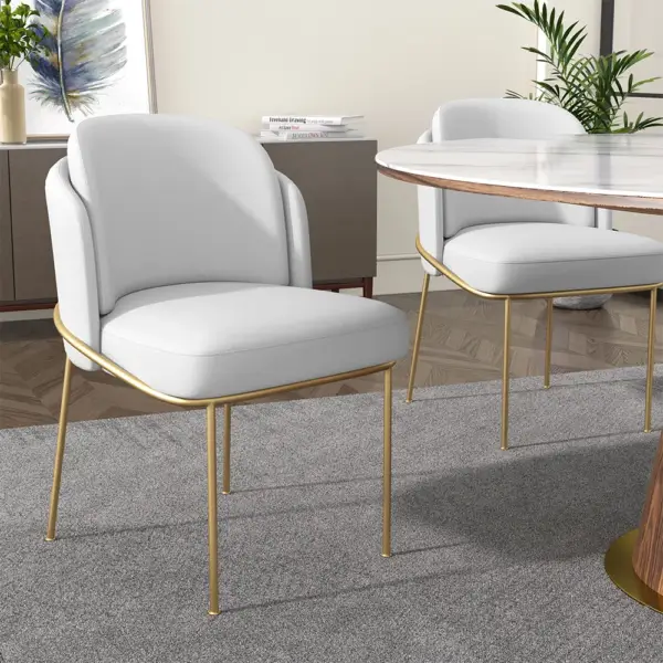 Linenic White Dining Chair Modern Cotton&Linen Upholstered Side Chair in Gold