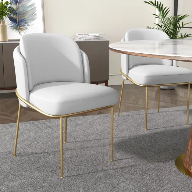 Linenic White Dining Chair Modern Cotton&Linen Upholstered Side Chair in Gold
