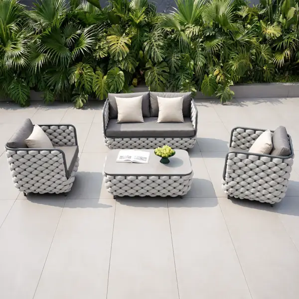 Martic 4Pcs Aluminum Rope Outdoor Sofa Set with Faux Marble Coffee Table Cushion Pillow - Image 2