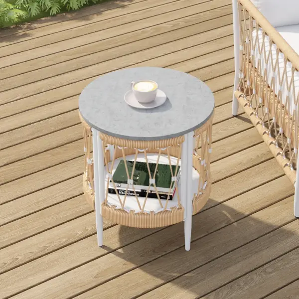 Ropipe 470mm Round Outdoor Side Table with Storage Patio Weave Rope End Table in Khaki - Image 4