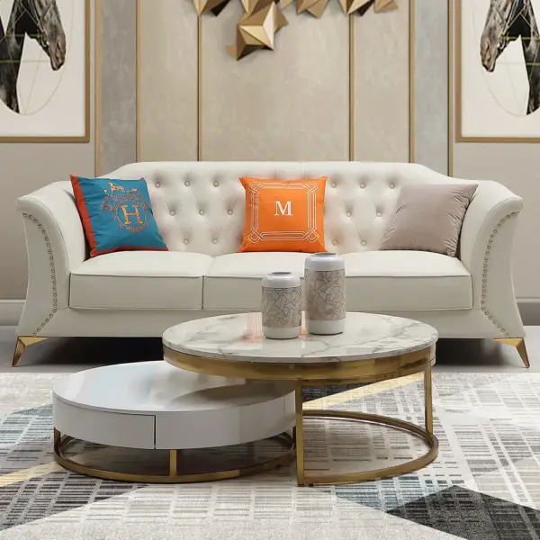 3 Piece Modern Faux Leather Living Room Set Chesterfield Sofa in Beige with Stool - Image 10