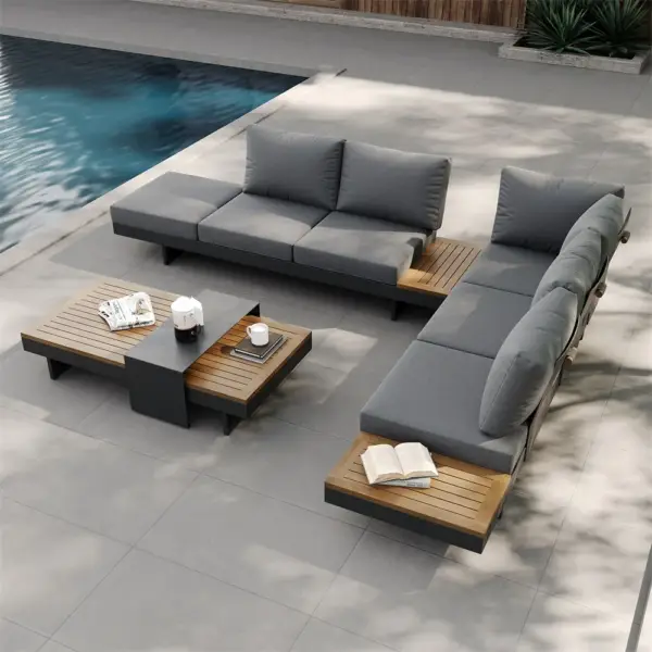 4 Pieces Modern L Shape Outdoor Sectional Sofa Set with Wood Coffee Table in Gray